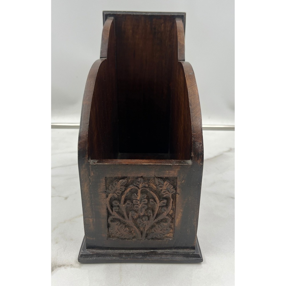 World Market Carved Mango Wood Magazine Holder Dark Brown Floral Office Storage